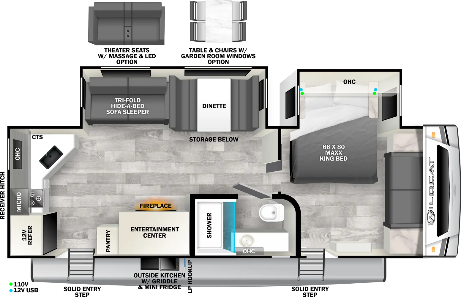 The 265BSX has two slideouts and two entries. Exterior features solid entry steps, LP hookup, outside kitchen with griddle and mini refrigerator, and rear receiver hitch. Interior layout front to back: off-door side MAXX king bed slideout with overhead cabinet, and one entry; door side full bathroom with overhead cabinet; off-door side slideout with dinette with storage below (table and chairs with garden room windows optional), and tri-fold hide-a-bed sofa sleeper (theater seats with massage and LED optional); door side entertainment center with fireplace, pantry, and second entry; rear kitchen with 12 volt refrigerator, microwave, cooktop, overhead cabinet, sink, and CTS.